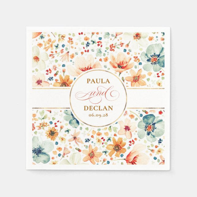 Watercolor Wildflowers Elegant Boho Fall Wedding Napkin (Front)