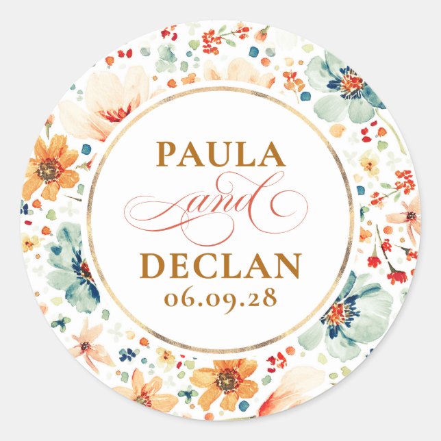 Watercolor Wildflowers Elegant Fall Wedding Classic Round Sticker (Front)