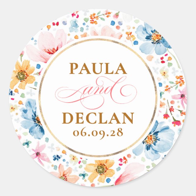 Watercolor Wildflowers Elegant Wedding Classic Round Sticker (Front)