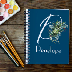 Watercolor wildflowers eucalyptus initial blue notebook