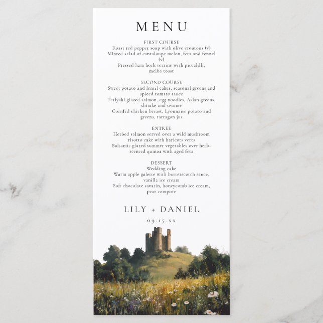 Watercolor Wildflowers Floral Castle Wedding Menu (Front)