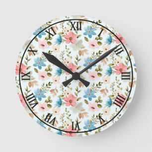 Watercolor Wildflowers Floral Pattern Round Clock