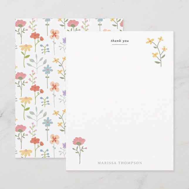 Watercolor Wildflowers Floral Pattern Thank You Card (Front/Back)
