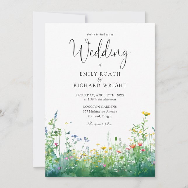 Watercolor Wildflowers Floral QR Code Wedding Invitation (Front)