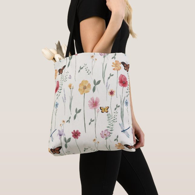 Watercolor Wildflowers Floral  Tote Bag (Close Up)