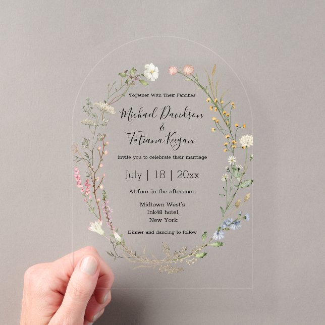  watercolor wildflowers floral wreath wedding arch acrylic invitations (Insitu (Handheld))