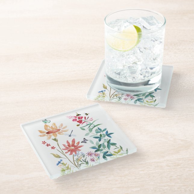 Watercolor Wildflowers Glass Coaster (Angled)