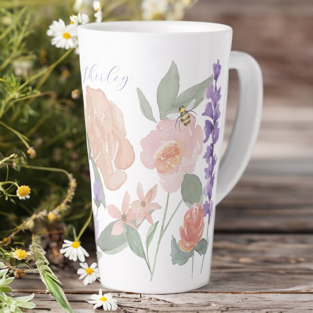 Watercolor Wildflowers & Honey bee Personalized  Latte Mug (Watercolor Wildflowers & Honey bee Personalized Latte Mug)