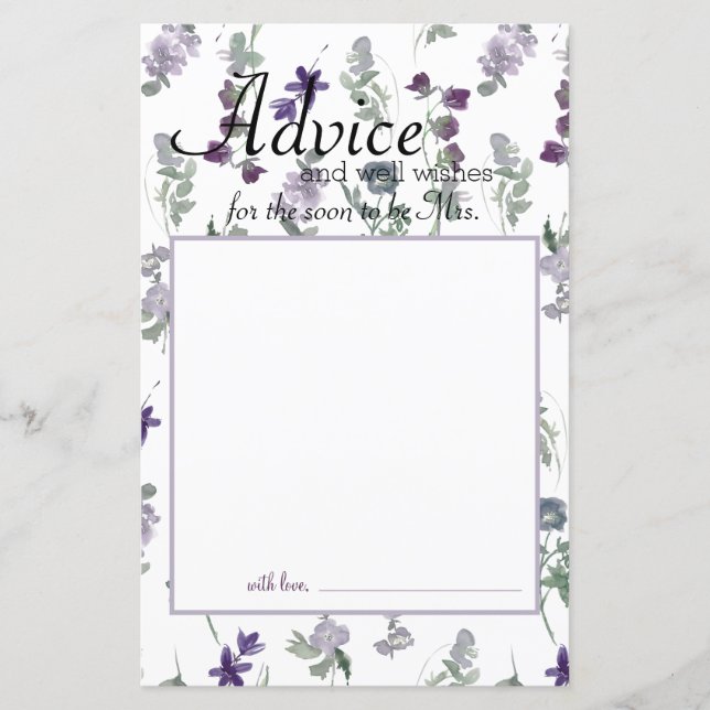 Watercolor Wildflowers Lavender Bride Advice Card (Front)
