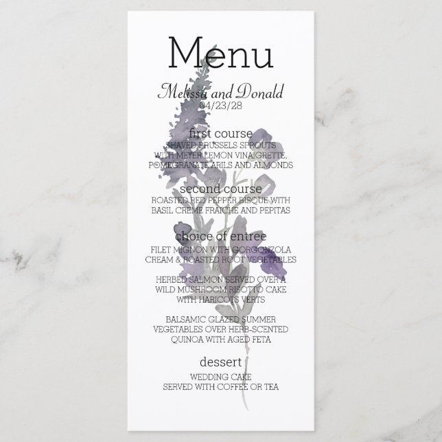 Watercolor Wildflowers Lavender  Floral Menu (Front)