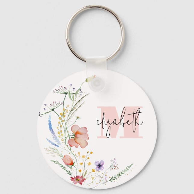 Watercolor Wildflowers Monogram Keychain (Front)