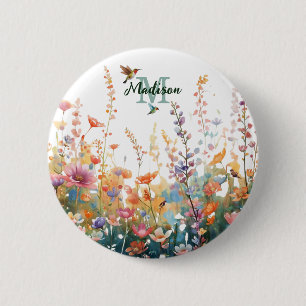 Watercolor Wildflowers Monogram Personalized Name 2 Inch Round Button