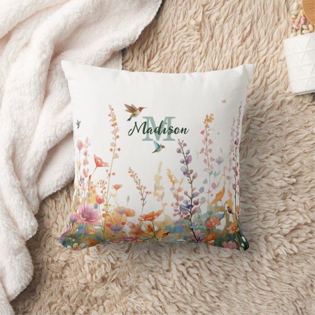 Watercolor Wildflowers Monogram Personalized Name Throw Pillow (Blanket)