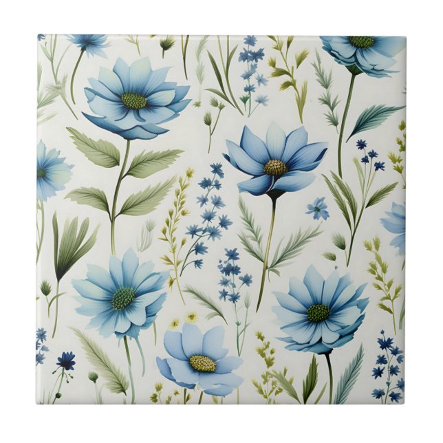 Watercolor Wildflowers on Light Blue Tile (Front)