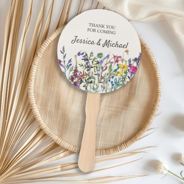 Watercolor Wildflowers Outdoor Wedding Bride Groom Hand Fan (Watercolor wildflowers custom hand fan)