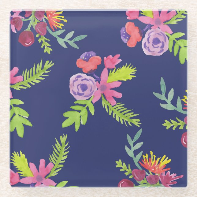 Watercolor Wildflowers Pattern Glass Coaster (Front)