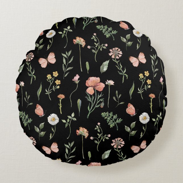 Watercolor Wildflowers Pattern Round Pillow (Front)