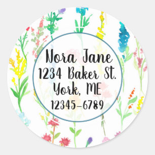 Watercolor Wildflowers Personalized Return Address Classic Round Sticker