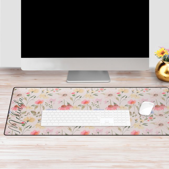 Watercolor Wildflowers Personalized Script Name Desk Mat (Watercolor Wildflowers Personalized Script Name Desk Mat)