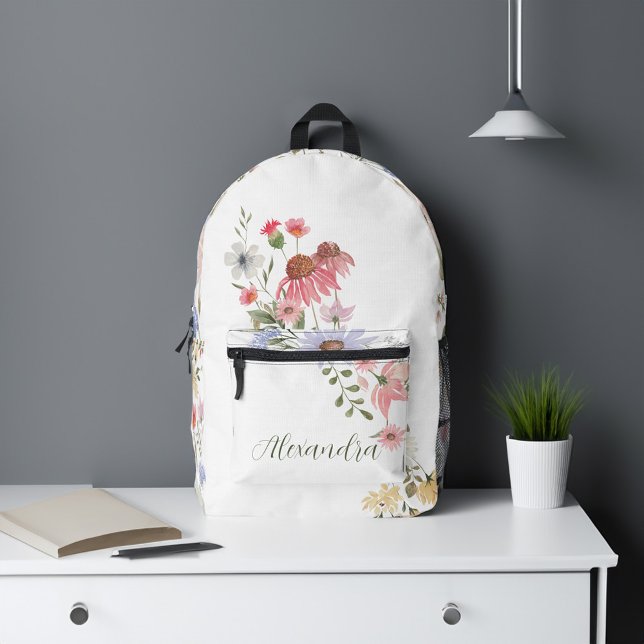 Watercolor Wildflowers Personalized Script Name Printed Backpack (Watercolor Wildflowers Personalized Script Name Printed Backpack)