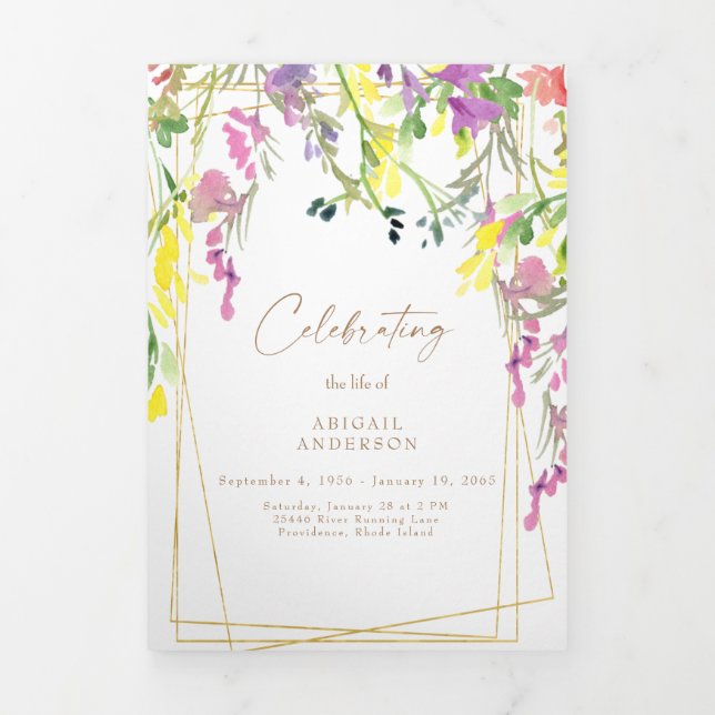 Watercolor Wildflowers Photo Funeral Program Tri-Fold Invitation (Cover)