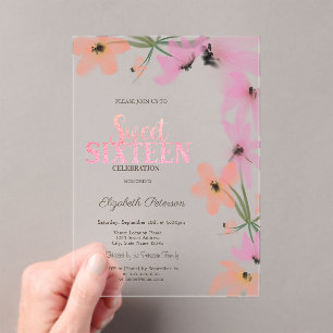 Watercolor Wildflowers Pink Boho Flowers Sweet 16 Acrylic Invitations