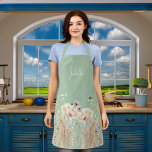 Watercolor wildflowers pink sage green boho apron<br><div class="desc">A boho style apron. A trendy sage green coloured background. Decorated with watercolored pink wildflowers and bees. Personalize and add your name.</div>