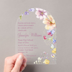 watercolor wildflowers pink script graduation  acrylic invitations
