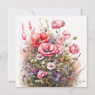 Watercolor Wildflowers, Poppy Flowers Bouquet  Card