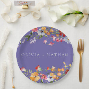 Watercolor Wildflowers Purple Wedding Paper Plate