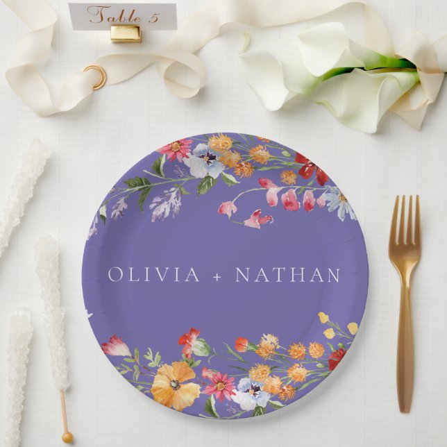 Watercolor Wildflowers Purple Wedding Paper Plate (Wedding)
