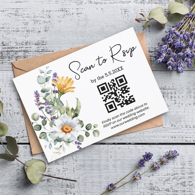 watercolor wildflowers qr code wedding trendy chic RSVP card (Creator Uploaded)