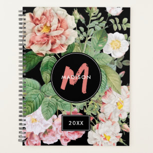 Watercolor Wildflowers Roses Black Pink Monogram Planner
