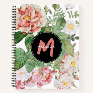 Watercolor Wildflowers Roses White Pink Monogram Notebook