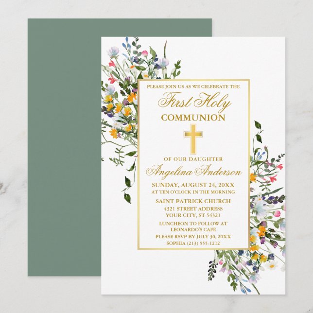 Watercolor Wildflowers Sage Green Gold Communion Invitation (Front/Back)