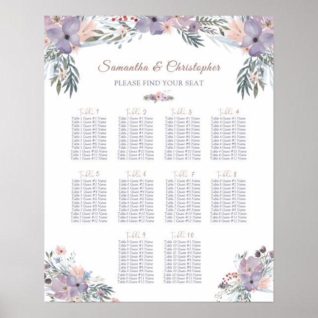 Watercolor Wildflowers Seating Chart 10 Tables (Front)