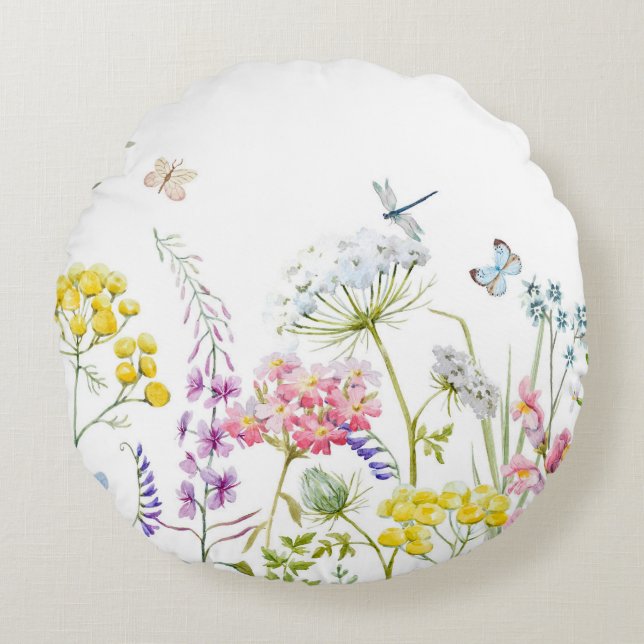 Watercolor Wildflowers Summer Meadow Floral  Round Pillow (Front)