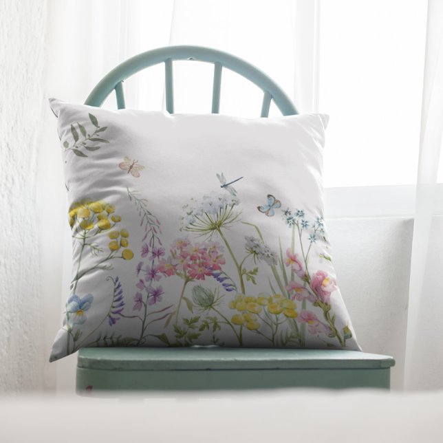 Watercolor Wildflowers Summer Meadow Floral Throw Pillow (Creator Uploaded)