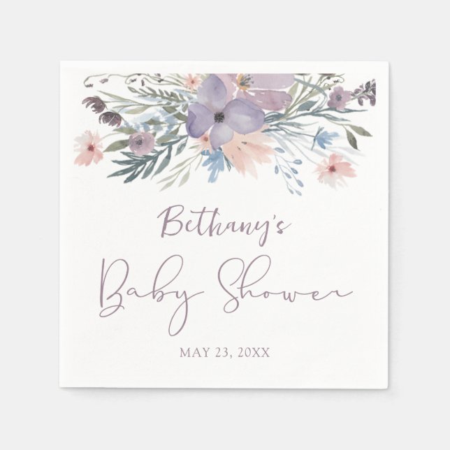 Watercolor Wildflowers Violet Baby Shower Napkin (Front)