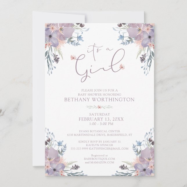Watercolor Wildflowers Violet Girl Baby Shower  Invitation (Front)