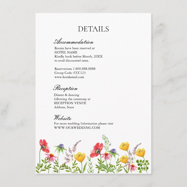 Watercolor Wildflowers Wedding details  Enclosure Card (Front)
