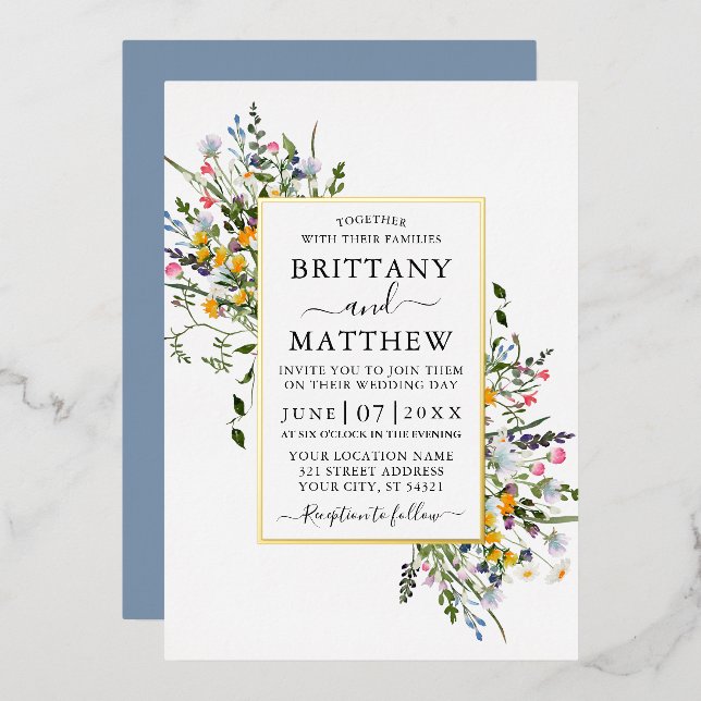 Watercolor Wildflowers Wedding Dusty Blue Gold (Front/Back)
