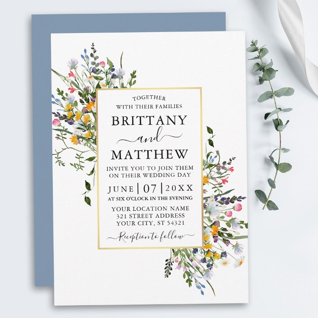 Watercolor Wildflowers Wedding Gold Dusty Blue Invitation (Customize to change text color, style, add text & photos to back or change color of back of card.)