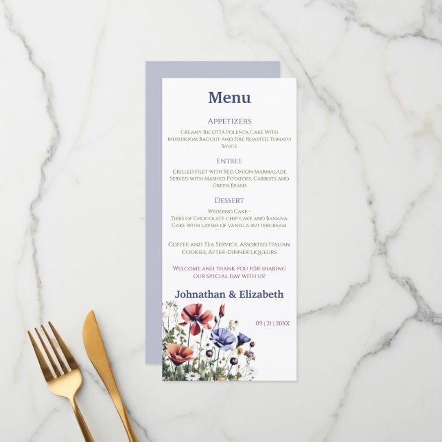 Watercolor Wildflowers Wedding Menu (Front/Back In Situ)
