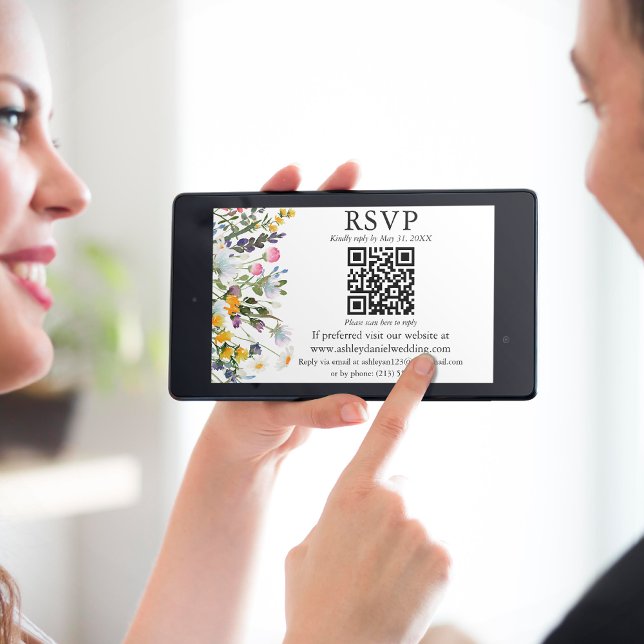 Watercolor Wildflowers Wedding QR RSVP Card (Customize to change text size or text style.)