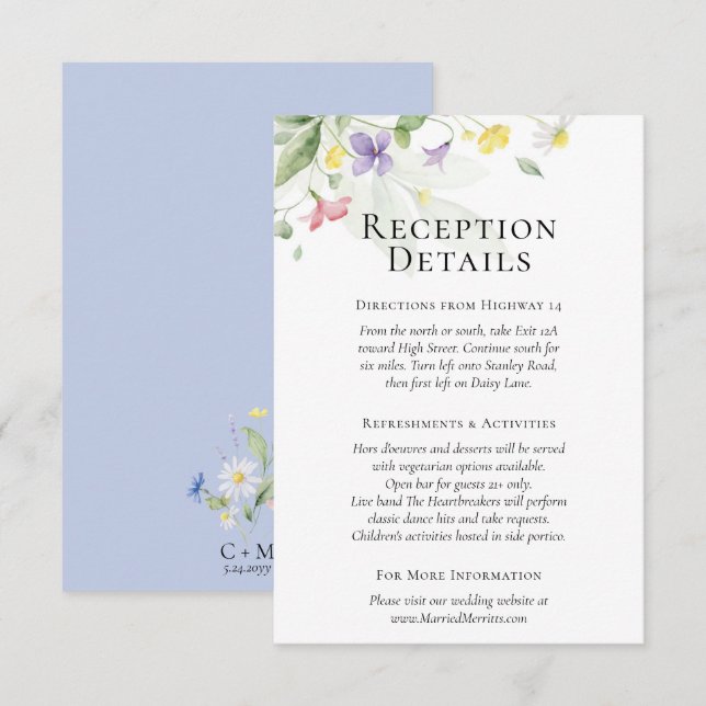 Watercolor Wildflowers Wedding Reception Details Enclosure Card (Front/Back)