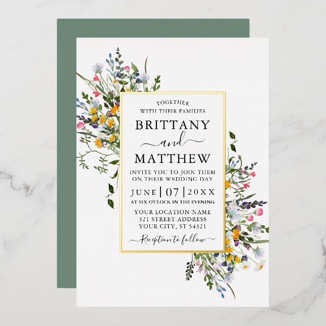 Watercolor Wildflowers Wedding Sage Green Gold (Front/Back)