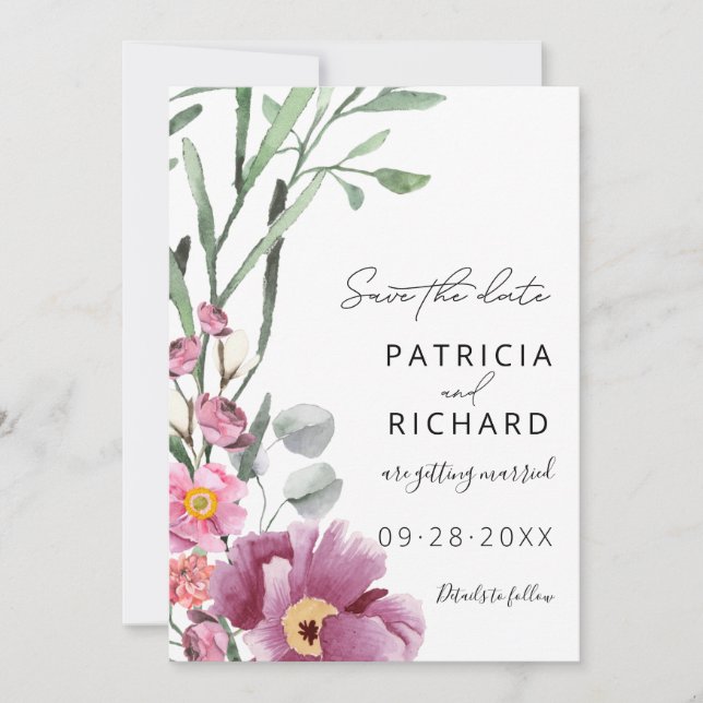 Watercolor Wildflowers Wedding Save The Date (Front)