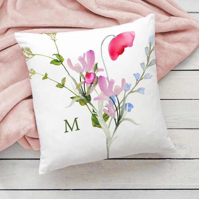 Watercolor Wildflowers with Monogram Throw Pillow (Creator Uploaded)