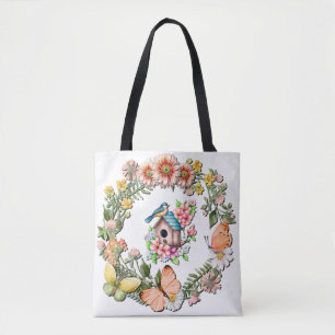 Watercolor Wildflowers Wreath with Butterflies Tote Bag